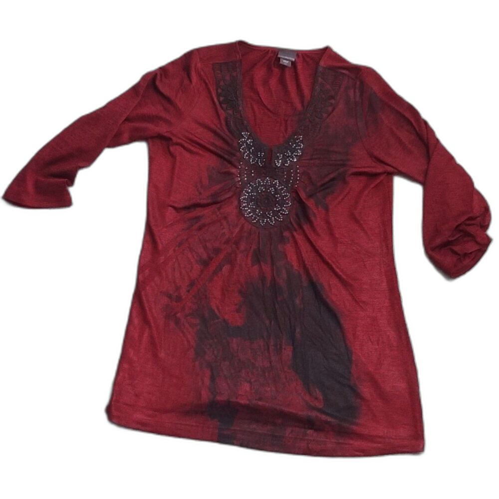 Womens Covington Size Large 3/4 Sleave Red Tye Dye Embelished BOHO Y2K